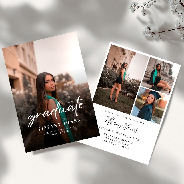 Convites Modern Graduate White Script 4 Photos Graduation   (Criador carregado)