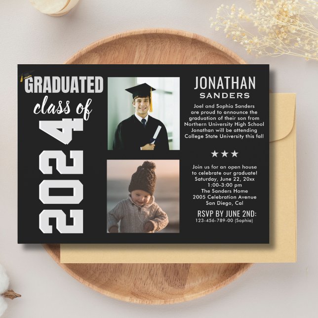 Convites Modern Graduation Party with 2 Photos in Black (Criador carregado)