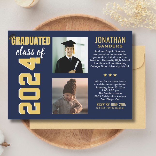 Convites Modern Graduation Party with 2 Photos in Blue (Criador carregado)