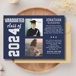 Convites Modern Graduation Party with 2 Photos in Blue