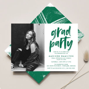 Convites Modern Green Brush Script Photo Graduation Party
