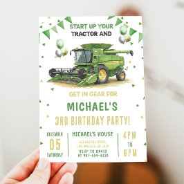 Convites Modern Green Farm Tractor 3rd Birthday Invitation