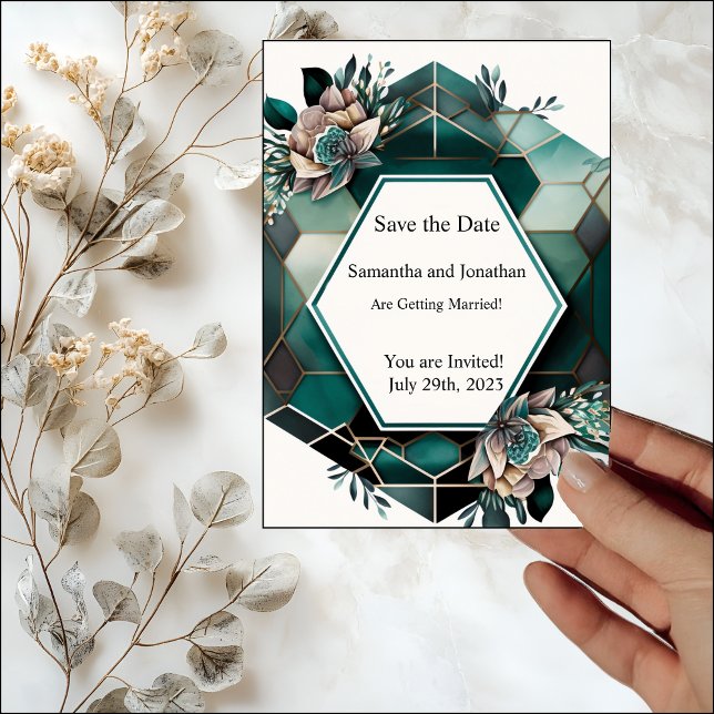 Convites Modern Green Geometric Design Save the Date Card (Criador carregado)