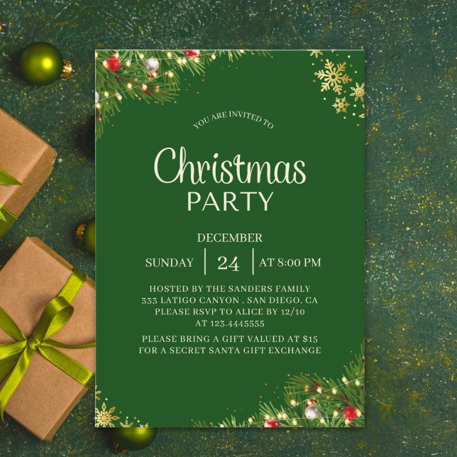 Convites Modern Green & Gold Christmas Party Invitation (Criador carregado)