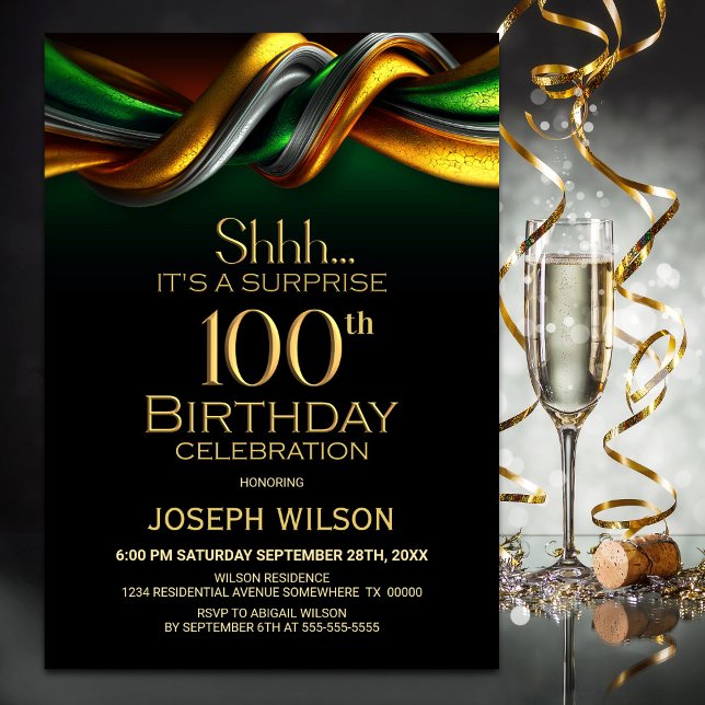 Convites Modern Green Gold Surprise 100th Birthday Party (Criador carregado)