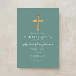Convites Modern Green Religious Cross Boy Confirmation