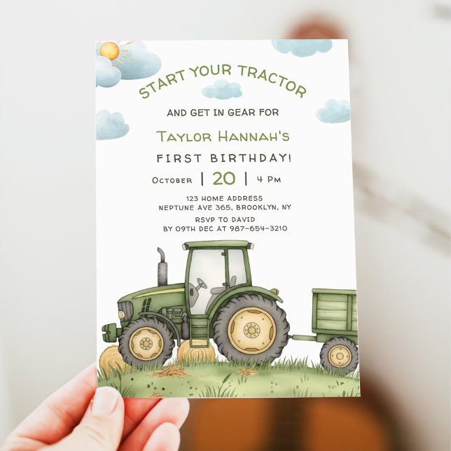 Convites Modern Green Tractor 1st Birthday Party (Criador carregado)