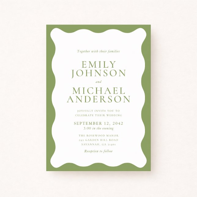 Convites Modern Green Wavy Frame Wedding Invitation (Criador carregado)