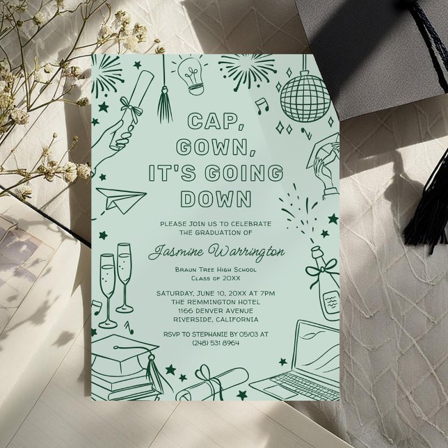 Convites Modern Green Whimsical Doodle Graduation (Criador carregado)