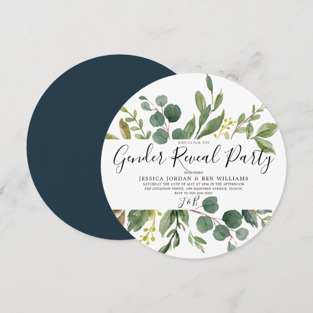 Convites Modern Greenery Leaf Gender Revement Party (Frente/Verso)