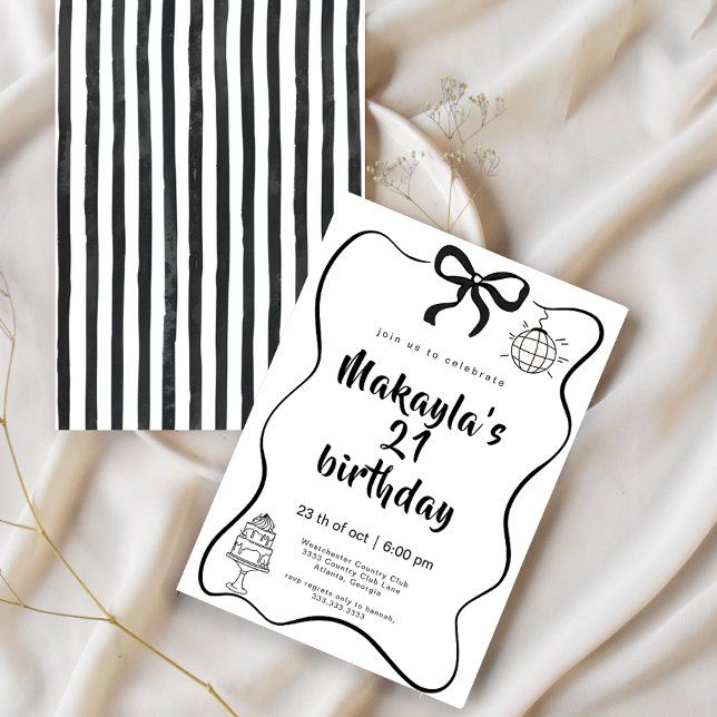Convites Modern Hand-Drawn Black Bow 21th Birthday (Criador carregado)
