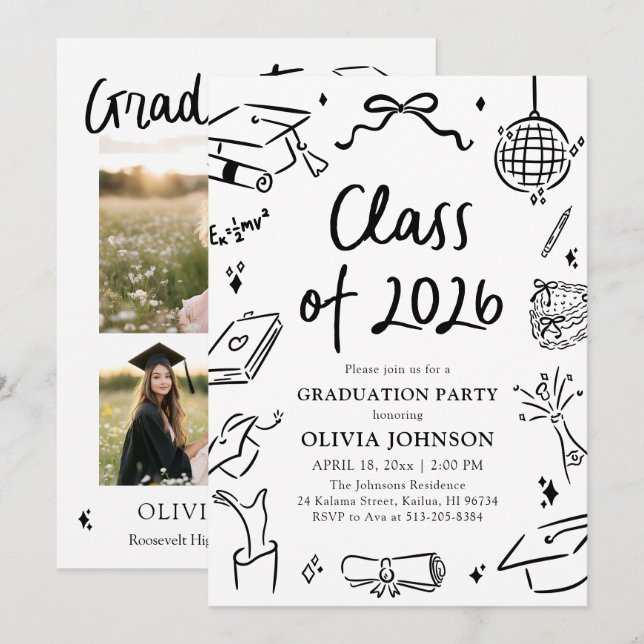 Convites Modern Hand Drawn Class of 2026 Graduation Party (Frente/Verso)