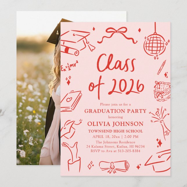Convites Modern Hand Drawn Class of 2026 Graduation Party (Frente/Verso)