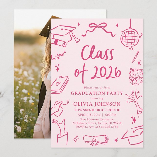Convites Modern Hand Drawn Class of 2026 Graduation Party (Frente/Verso)