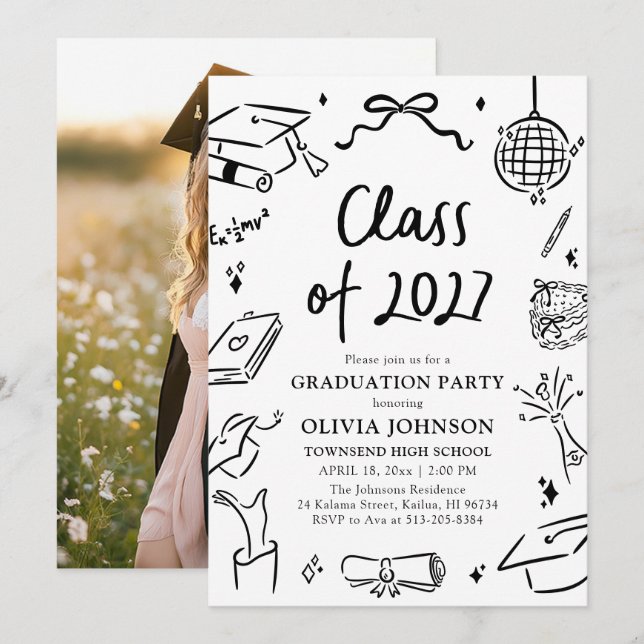 Convites Modern Hand Drawn Class of 2027 Graduation Party (Frente/Verso)