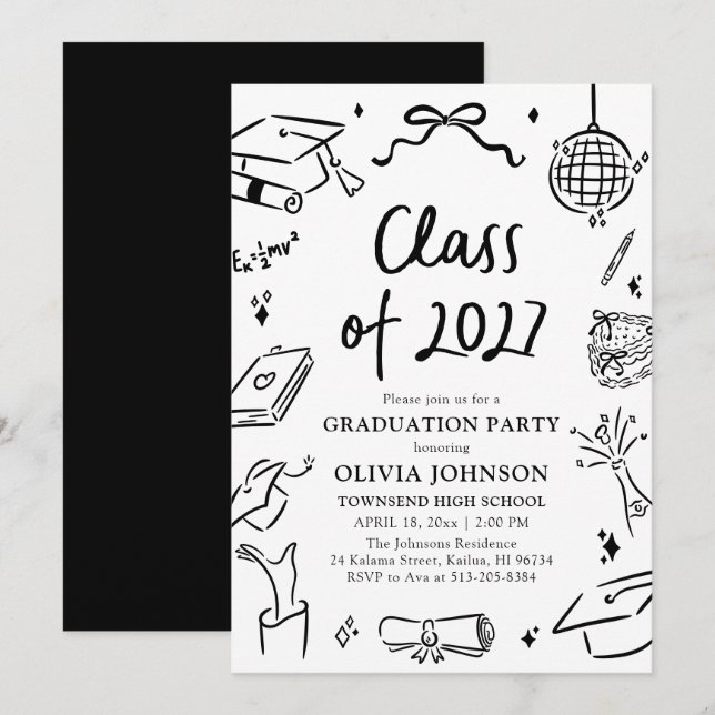 Convites Modern Hand Drawn Class of 2027 Graduation Party (Frente/Verso)