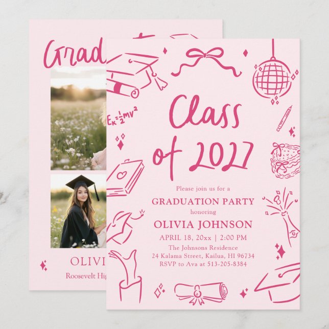 Convites Modern Hand Drawn Class of 2027 Graduation Party (Frente/Verso)