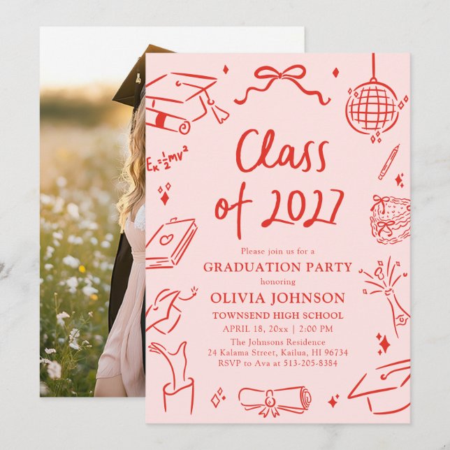 Convites Modern Hand Drawn Class of 2027 Graduation Party (Frente/Verso)