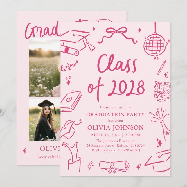 Convites Modern Hand Drawn Class of 2028 Graduation Party (Frente/Verso)