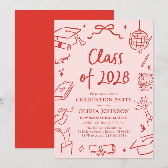 Convites Modern Hand Drawn Class of 2028 Graduation Party (Frente/Verso)