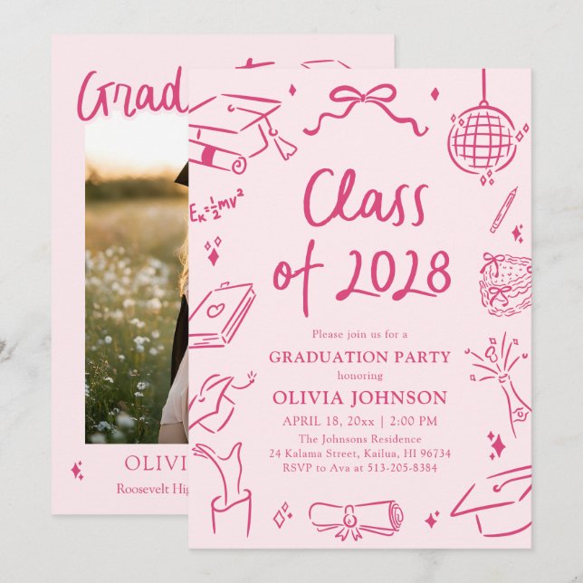 Convites Modern Hand Drawn Class of 2028 Graduation Party (Frente/Verso)