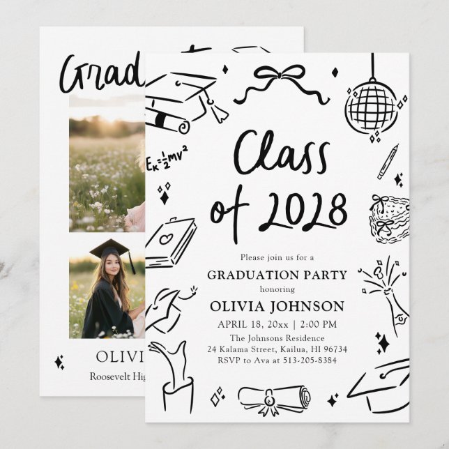 Convites Modern Hand Drawn Class of 2028 Graduation Party (Frente/Verso)