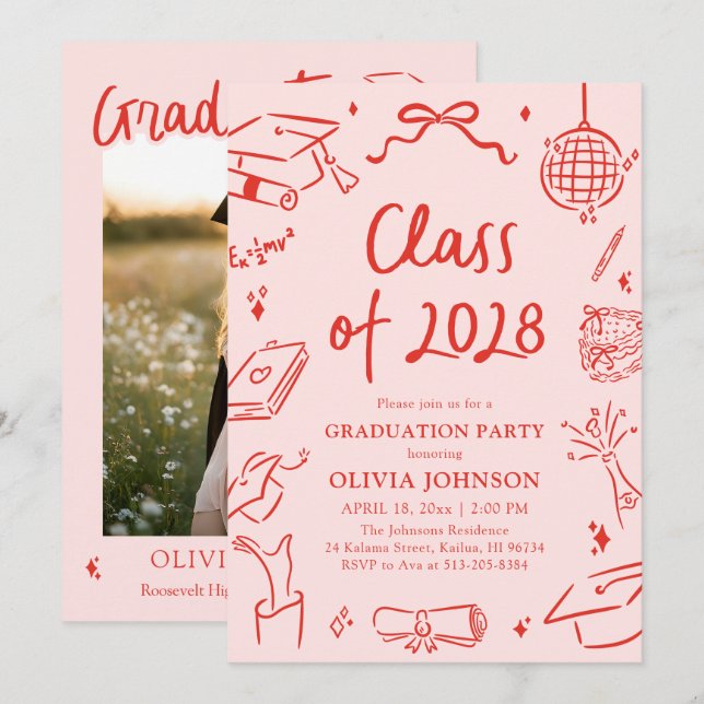 Convites Modern Hand Drawn Class of 2028 Graduation Party (Frente/Verso)