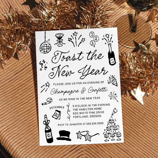 Convites Modern Hand Drawn Doodle New Year’s Eve Party (Criador carregado)