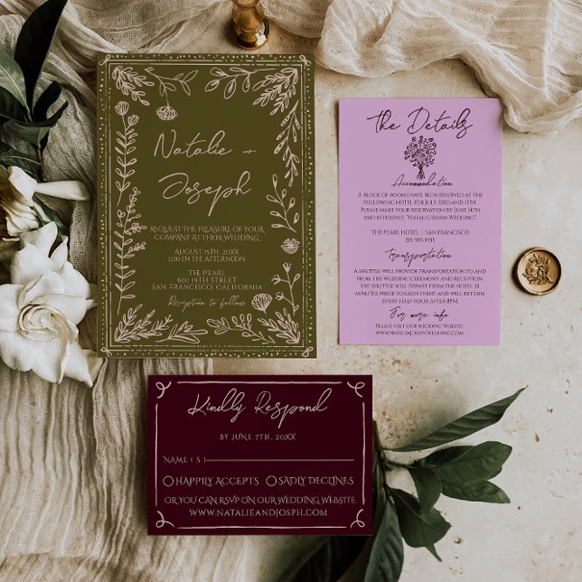 Convites Modern Hand Drawn Grasslands Floral Garden Wedding (Criador carregado)