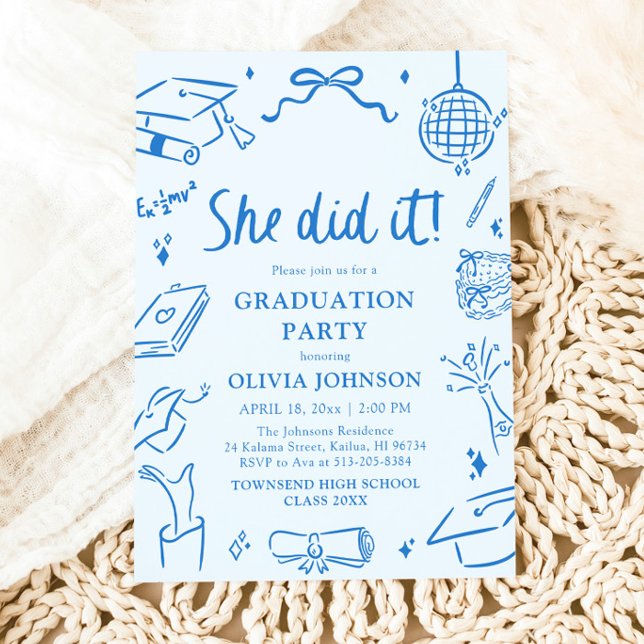 Convites Modern Hand Drawn She did it Blue Graduation Party (Modern Hand Drawn She did it Graduation Party Invitation)