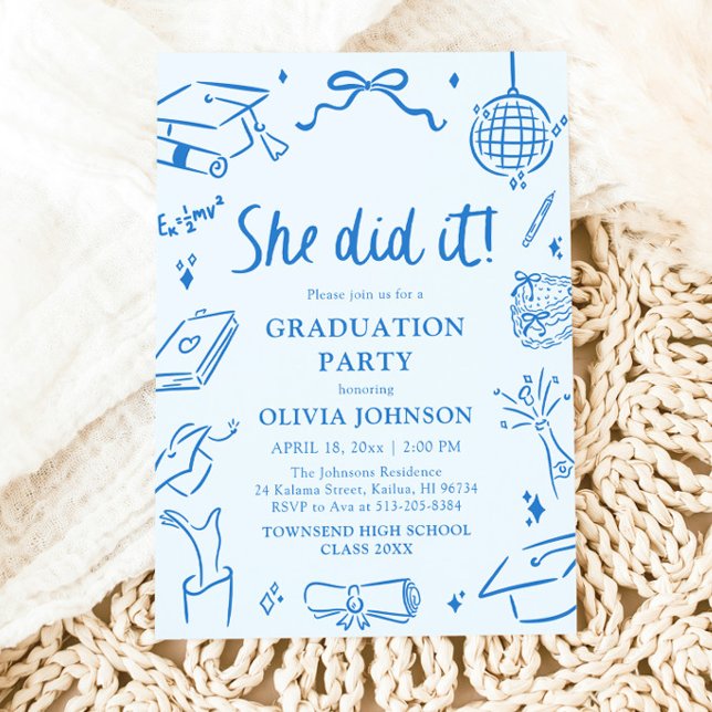 Convites Modern Hand Drawn She did it Blue Graduation Party (Modern Hand Drawn She did it Graduation Party Invitation)