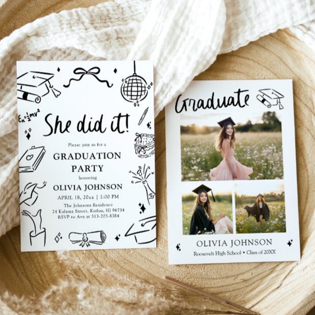 Convites Modern Hand Drawn She did it Graduation Party (Modern Hand Drawn She did it Graduation Party Invitation)