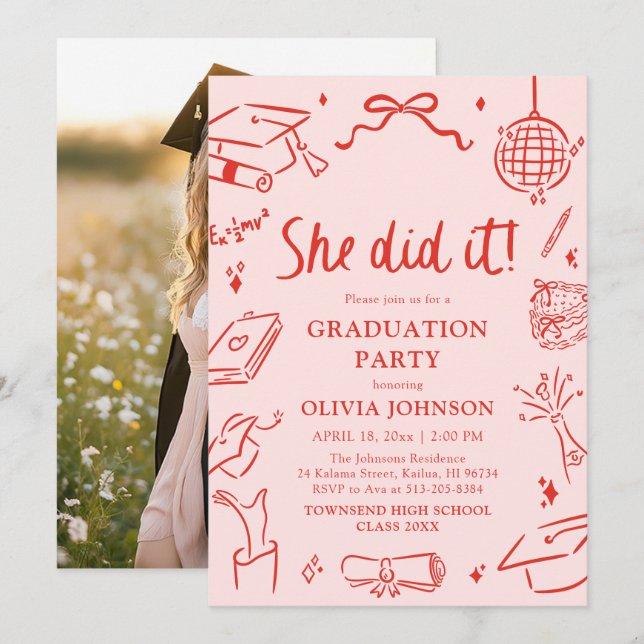 Convites Modern Hand Drawn She did it Graduation Party (Frente/Verso)