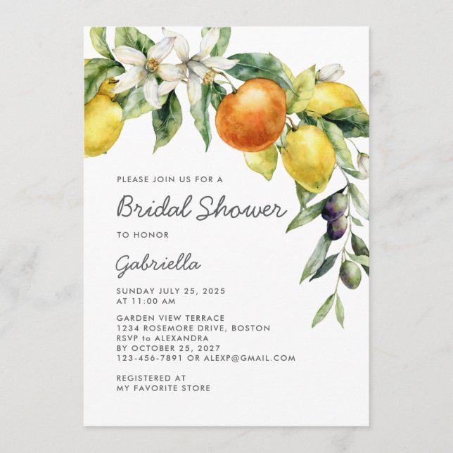 Convites Modern Handwritte Script Citrus Bridal Shower (Frente)