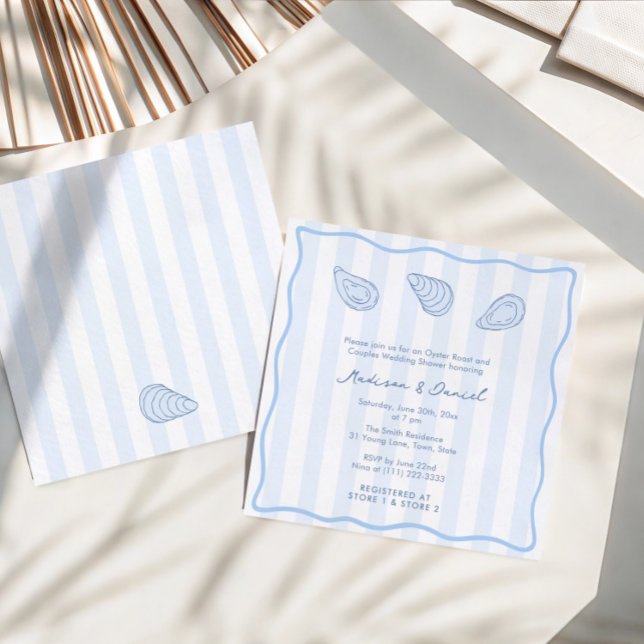 Convites Modern Handwritten Oyster Roast Coed Bridal Shower (Trendy hand-drawn oyster roast couples wedding shower invitation with modern stripes and wavy border)
