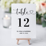 Convites Modern Heart Script Wedding Table Number<br><div class="desc">Set the tone for your wedding reception with this modern heart script table number card. The design pairs a flowing calligraphy "Table" header with a delicate heart accent and bold oversized numbering for easy visibility. Couple names and wedding date appear below in clean, timeless typography. Fully customizable to match your...</div>
