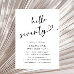 Convites Modern Hello Seventy Black and White 70th Birthday<br><div class="desc">Celebrate seventy years in style with this modern black and white “Hello Seventy” birthday invitation. Featuring elegant typography and a clean minimalist layout,  it’s perfect for an upscale dinner,  cocktail party,  or milestone celebration. A classy and timeless choice for a 70th birthday event.</div>