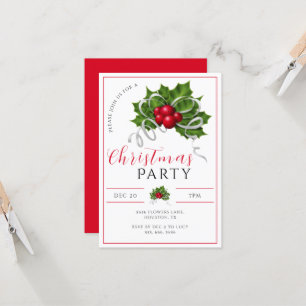 Convites Modern Holly, Festa de Natal Berries & Ribbon