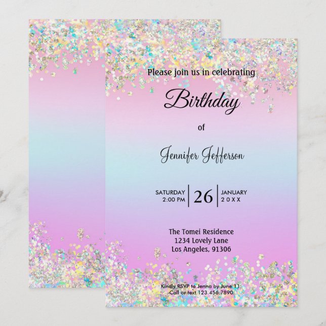 Convites Modern holographic Birthday invitation (Frente/Verso)