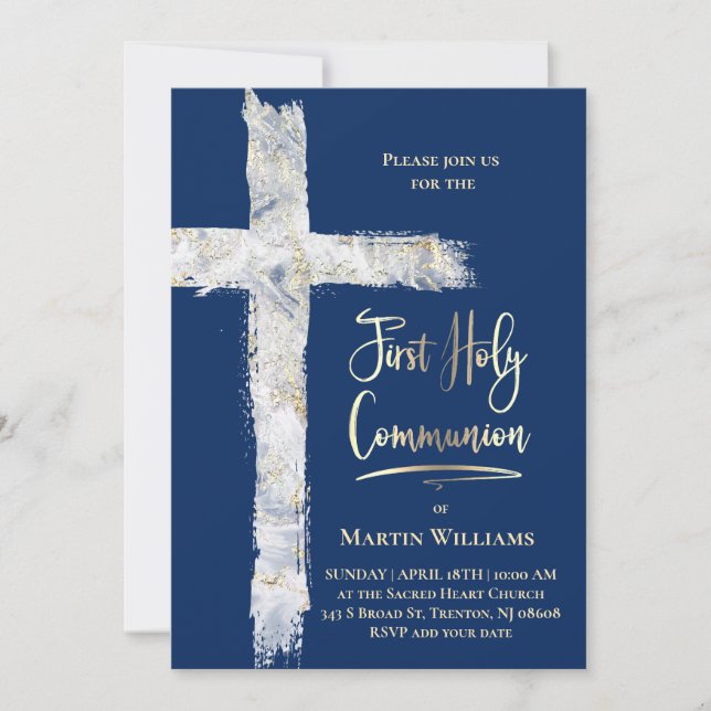 Convites modern Holy cross on blue | First Communion (Frente)