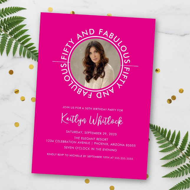 Convites Modern Hot Pink 50 and Fabulous 50th Birthday (elegant modern hot pink black fifty and fabulous 50th birthday party invitation for her woman women)