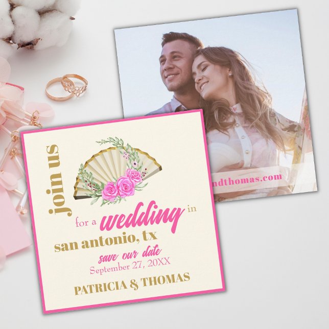 Convites Modern Hot Pink Fan Weding the Date (Casamento com (Criador carregado)