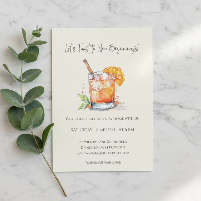 Convites Modern Housewarming Invitation • New Home  (Housewarming invitation with watercolor cocktail on marble background and eucalyptus branch.)