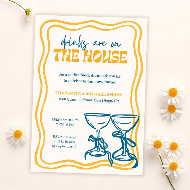 Convites Modern Housewarming Party Drinks Are On the House (Fun Housewarming Party Invitation – “Drinks Are on the House”)