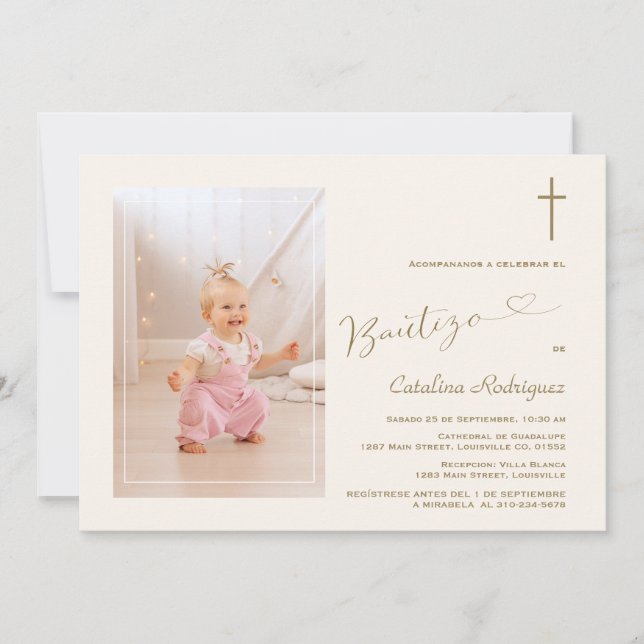 Convites Modern Invitación De Bautizo Hija Photo Girl (Frente)