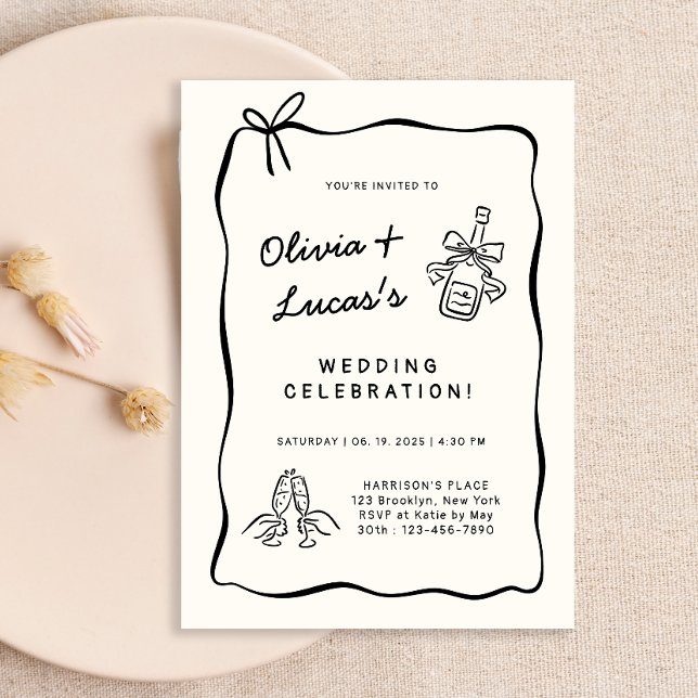 Convites Modern Ivory & Black Hand-Drawn Wedding  (Criador carregado)