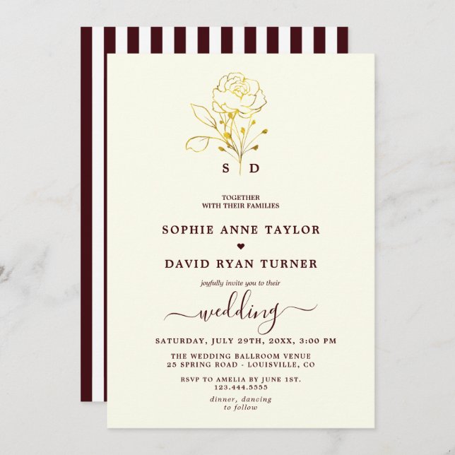 Convites Modern Ivory Deep Burgundy Monogram Wedding (Frente/Verso)