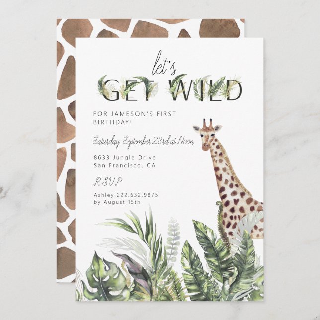 Convites Modern Jungle Greenery | Giraffe Birthday (Frente/Verso)