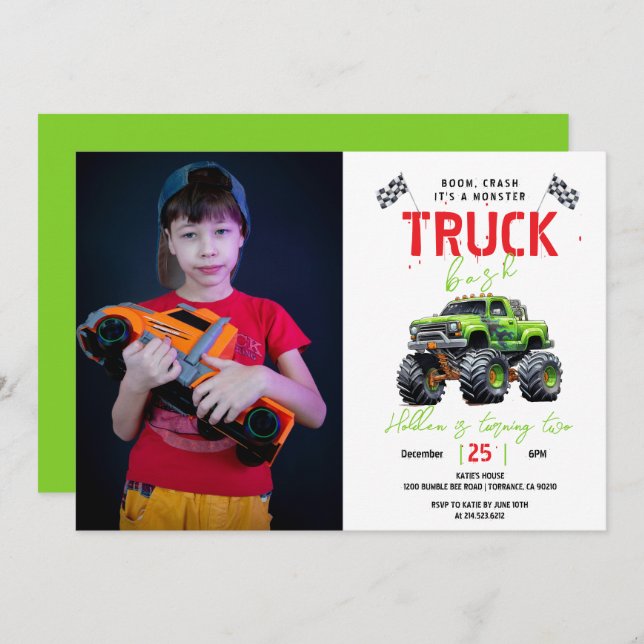 Convites Modern Kids Monster Truck Birthday Party (Frente/Verso)