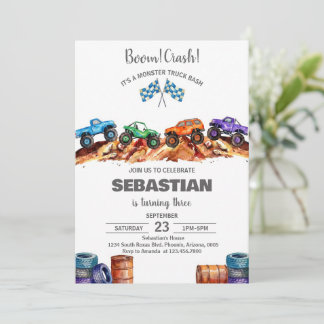 Convites Modern Kids Monster Trucks Birthday Party